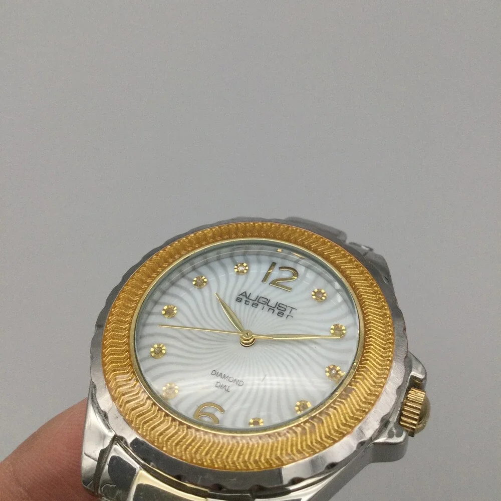 August Steiner Mens Watch 39mm White Diamond Dial Two Tone New Battery 6.5
